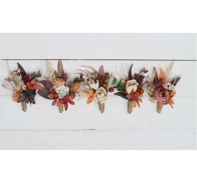 Wedding Boutonnieres & Wrist Corsage in Terracotta, Ivory, Rust & Orange | Faux Flower Accessories