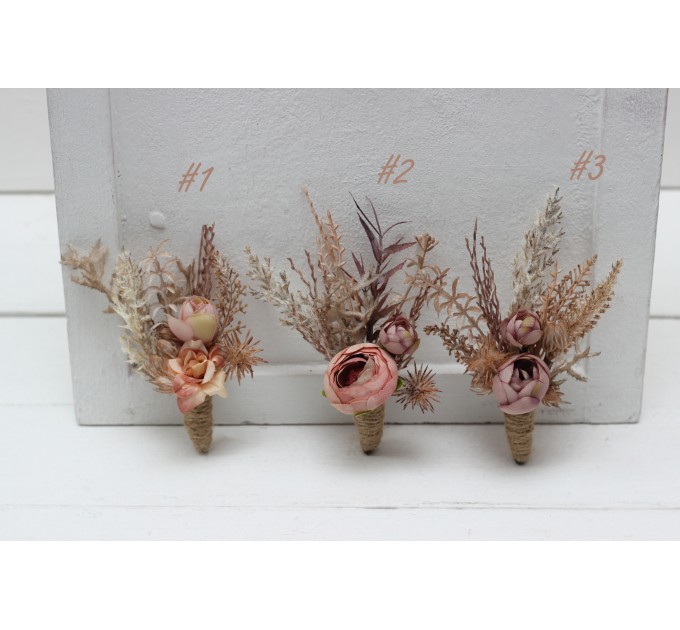  Wedding boutonnieres and wrist corsage  in terracotta dusty rose beige color scheme. Flower accessories. 5102