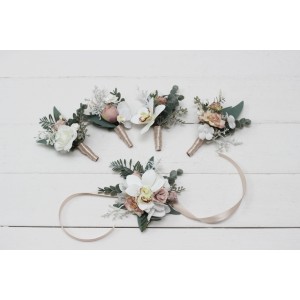  Wedding boutonnieres and wrist corsage  in white beige color scheme. Flower accessories. 5119-0023