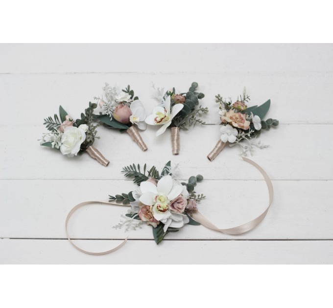 Wedding Boutonnieres & Wrist Corsage in White & Beige | Faux Flower Accessories