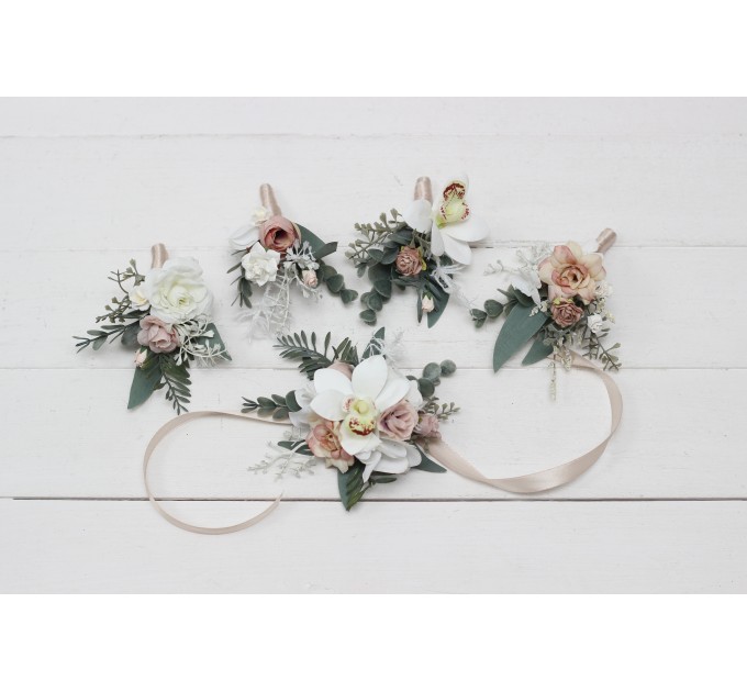 Wedding Boutonnieres & Wrist Corsage in White & Beige | Faux Flower Accessories