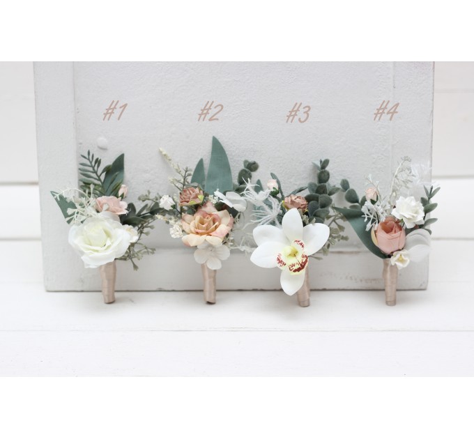 Wedding Boutonnieres & Wrist Corsage in White & Beige | Faux Flower Accessories