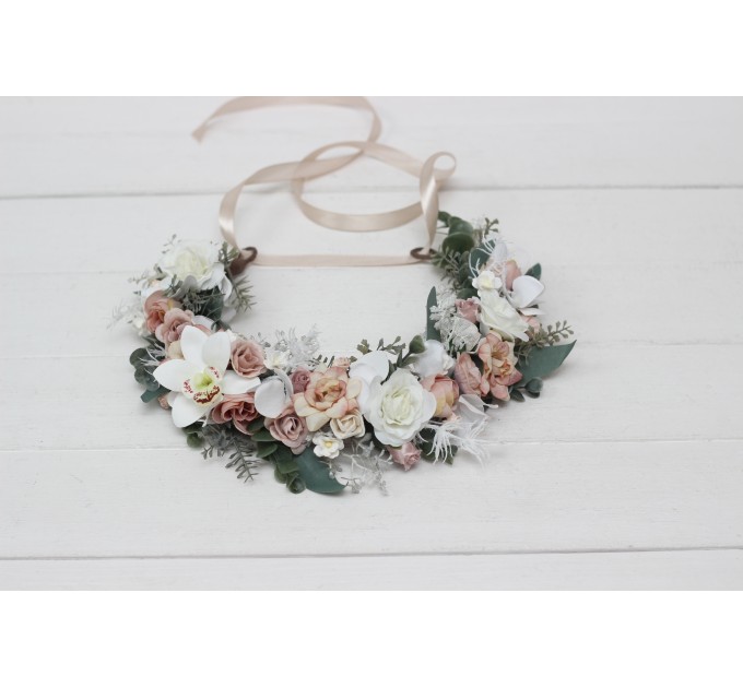 White beige flower crown. Hair wreath. Flower girl crown. Wedding flowers. 5119-0023