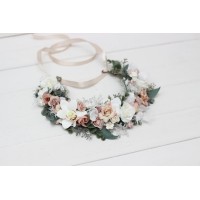 White beige flower crown. Hair wreath. Flower girl crown. Wedding flowers. 5119-0023