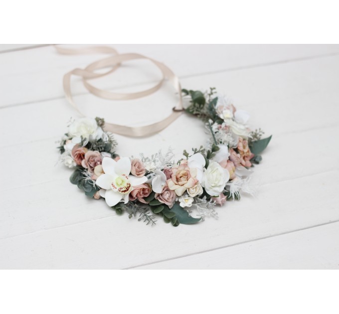 White beige flower crown. Hair wreath. Flower girl crown. Wedding flowers. 5119-0023