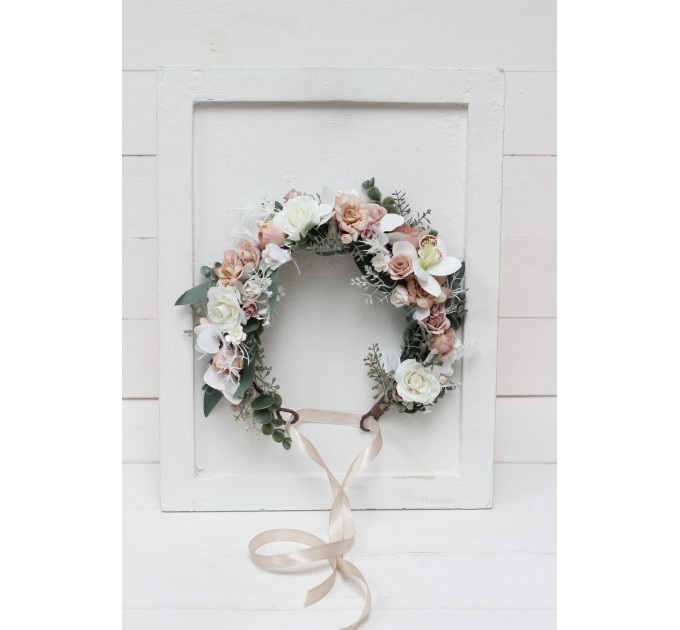 White beige flower crown. Hair wreath. Flower girl crown. Wedding flowers. 5119-0023