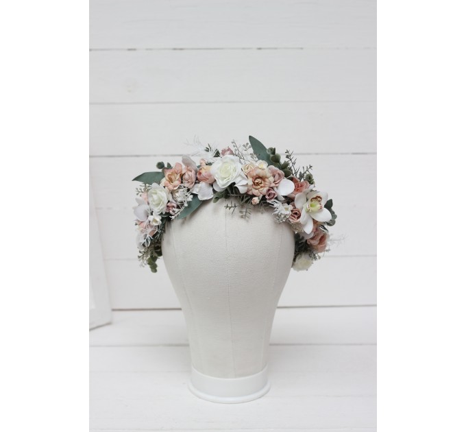 White beige flower crown. Hair wreath. Flower girl crown. Wedding flowers. 5119-0023