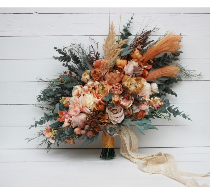 Wedding bouquets in orange rust peach colors. Bridal bouquet. Cascading bouquet. Faux bouquet. Bridesmaid bouquet. 0001
