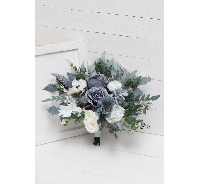 Wedding Bouquets in Dusty Blue & White | Cascading Bridal & Bridesmaid Faux Bouquets