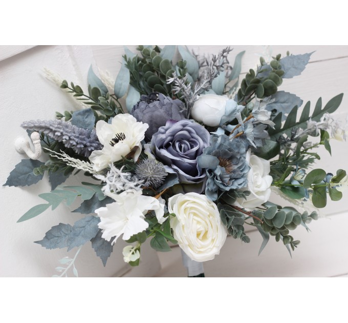 Wedding Bouquets in Dusty Blue & White | Cascading Bridal & Bridesmaid Faux Bouquets