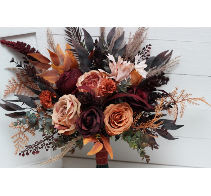 Wedding Bouquets in Burgundy & Terracotta | Faux Bridal & Bridesmaid Bouquets