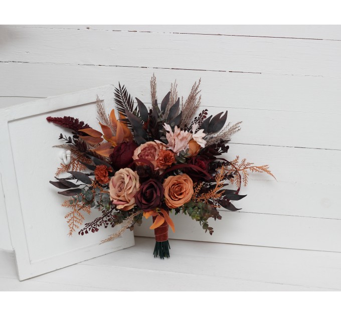 Wedding Bouquets in Burgundy & Terracotta | Faux Bridal & Bridesmaid Bouquets