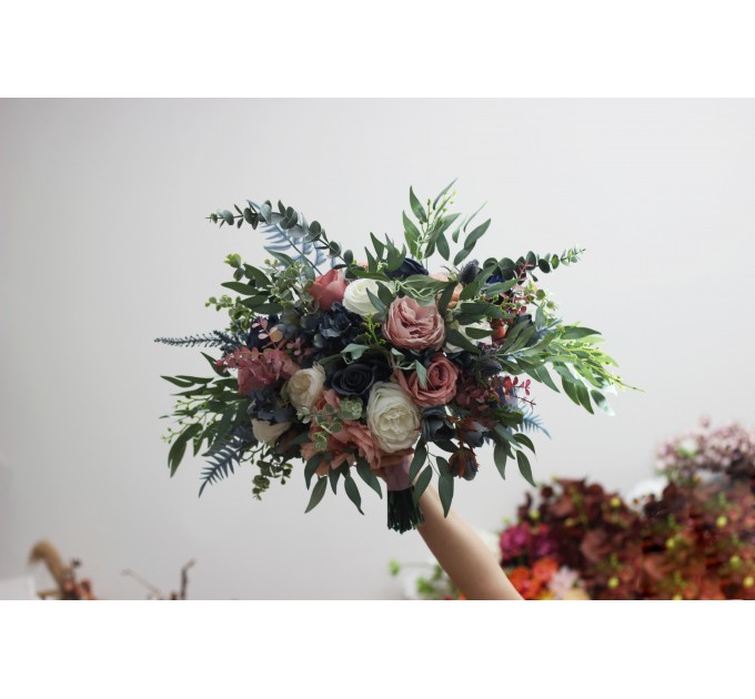 Wedding Bouquets in Dusty Rose, Mauve & Navy Blue | Faux Bridal & Bridesmaid Bouquets