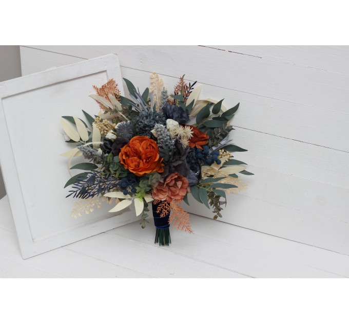 Wedding Bouquets in Rust, Blue & Ivory | Faux Bridal & Bridesmaid Bouquets