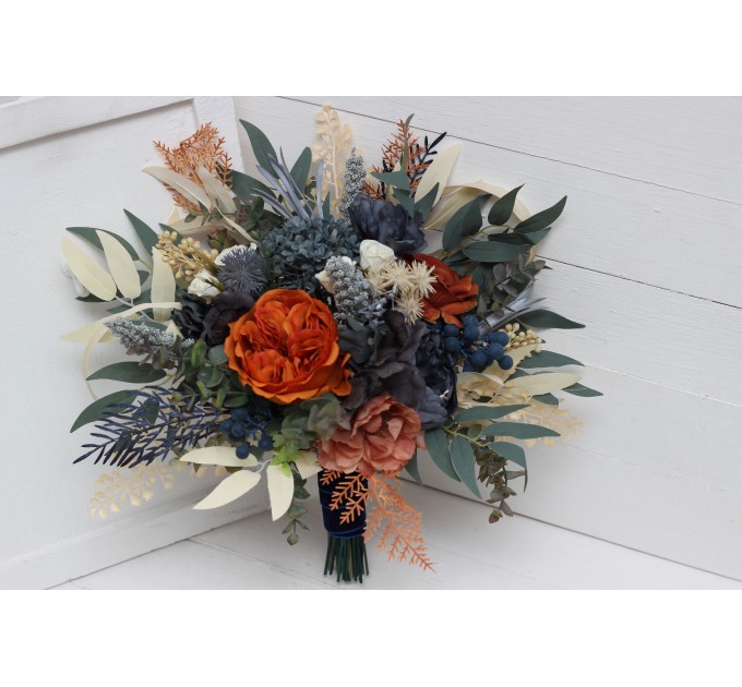 Wedding Bouquets in Rust, Blue & Ivory | Faux Bridal & Bridesmaid Bouquets