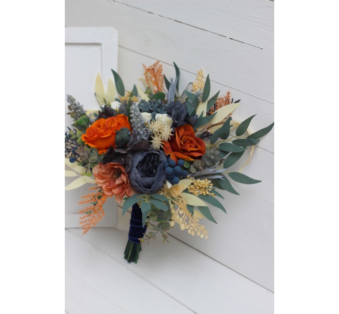 Wedding Bouquets in Rust, Blue & Ivory | Faux Bridal & Bridesmaid Bouquets