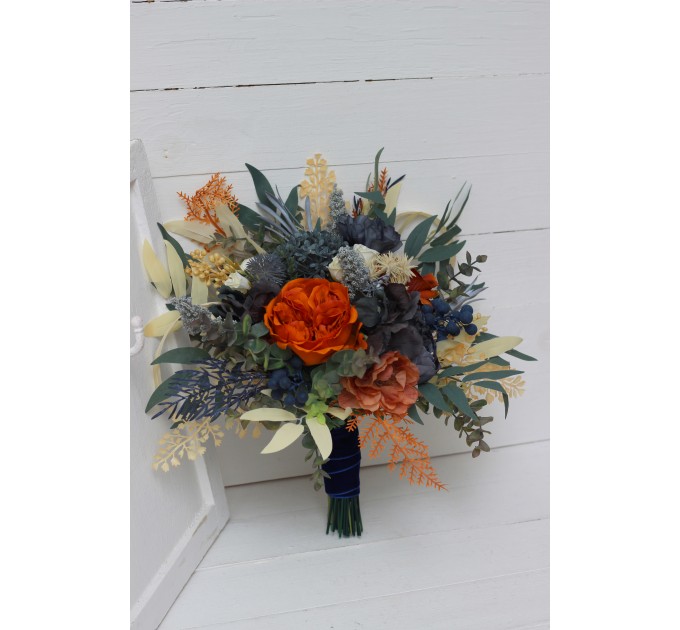 Wedding Bouquets in Rust, Blue & Ivory | Faux Bridal & Bridesmaid Bouquets