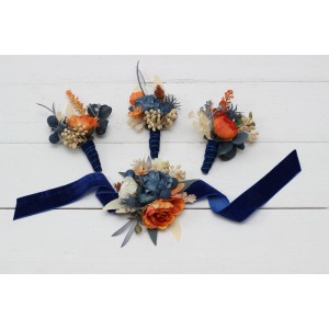  Wedding boutonnieres and wrist corsage  in rust blue ivory color scheme. Flower accessories. 5115