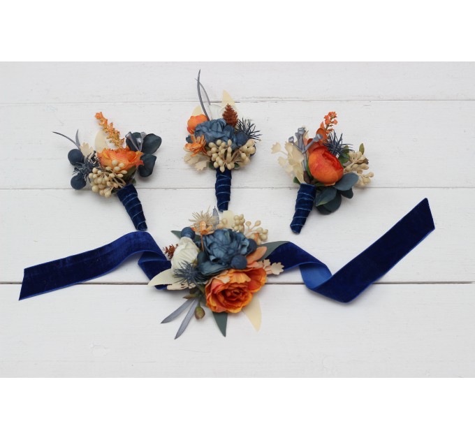 Wedding Boutonnieres & Wrist Corsage in Rust, Blue & Ivory | Faux Flower Accessories