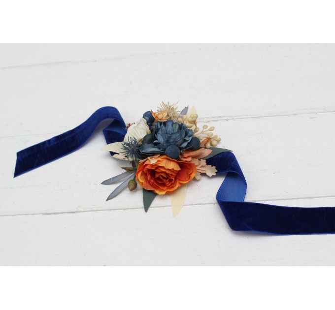  Wedding boutonnieres and wrist corsage  in rust blue ivory color scheme. Flower accessories. 5115