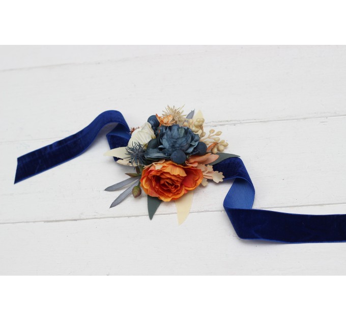 Wedding Boutonnieres & Wrist Corsage in Rust, Blue & Ivory | Faux Flower Accessories