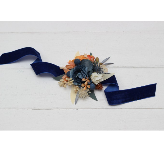  Wedding boutonnieres and wrist corsage  in rust blue ivory color scheme. Flower accessories. 5115