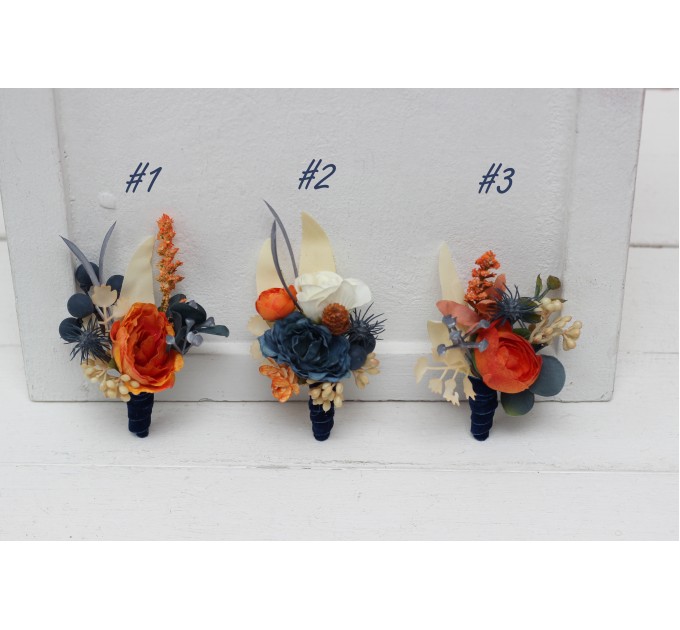Wedding Boutonnieres & Wrist Corsage in Rust, Blue & Ivory | Faux Flower Accessories