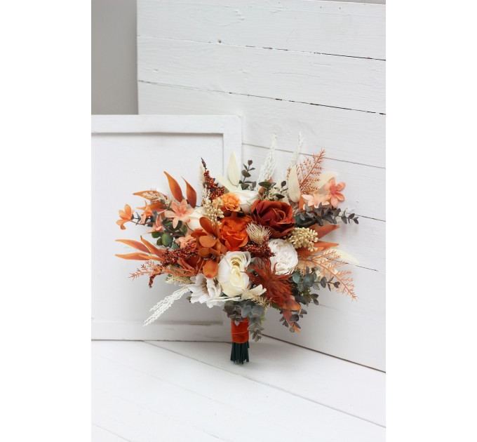 Wedding Bouquets in Burnt Orange & Ivory | Faux Bridal & Bridesmaid Bouquets