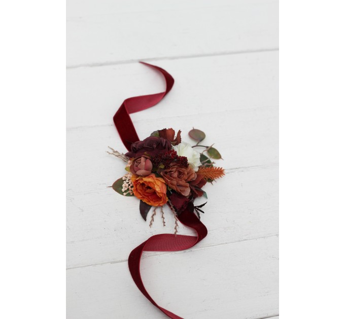 Wedding Boutonnieres & Wrist Corsage in Burgundy, Rust, Ivory & Cinnamon | Faux Flower Accessories