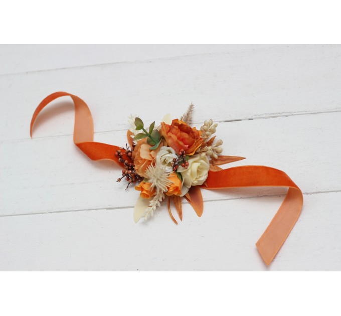 Wedding Boutonnieres & Wrist Corsage in Burnt Orange & Ivory | Faux Flower Accessories