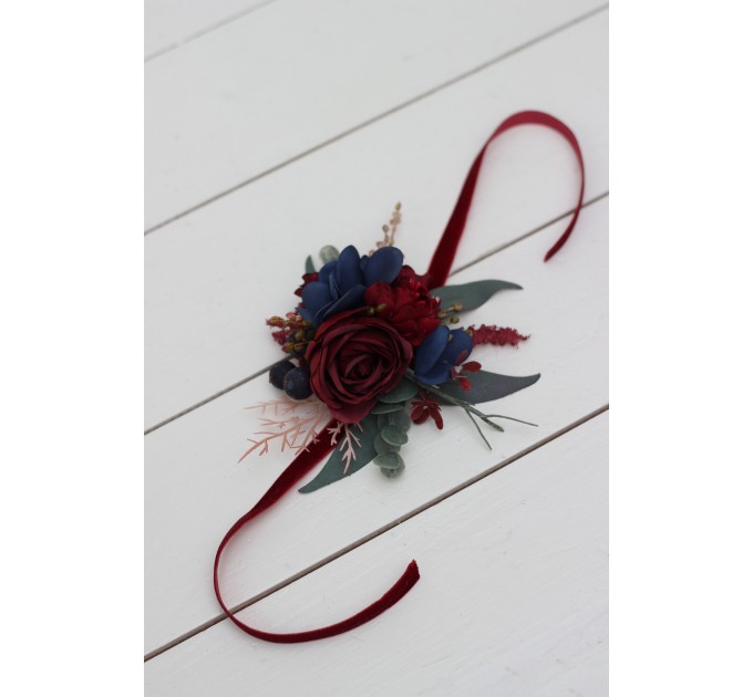 Wedding Boutonnieres & Wrist Corsage in Burgundy & Navy Blue | Faux Flower Accessories