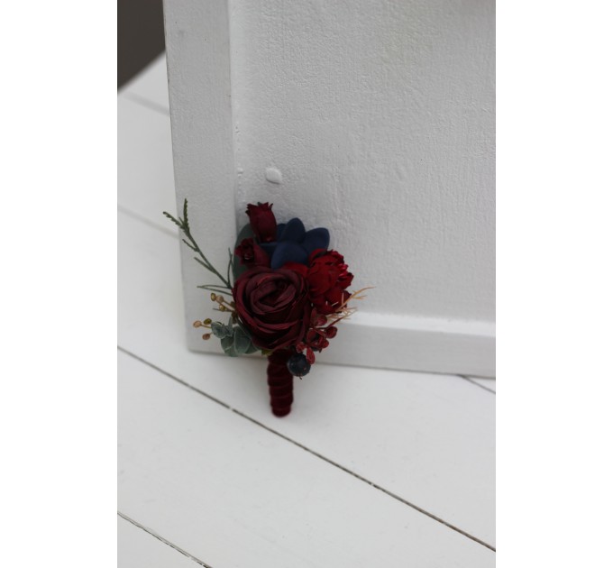 Wedding Boutonnieres & Wrist Corsage in Burgundy & Navy Blue | Faux Flower Accessories