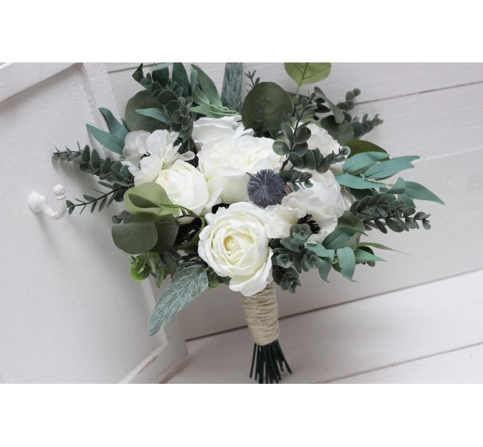 White Wedding Bouquets with Anemones | Bridal & Bridesmaid Faux Cascading Bouquets
