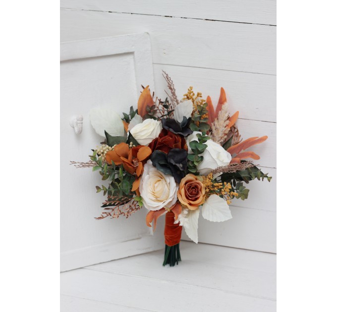 Wedding Bouquets in Burnt Orange, Ivory & Navy Blue | Cascading Bridal & Bridesmaid Faux Bouquets