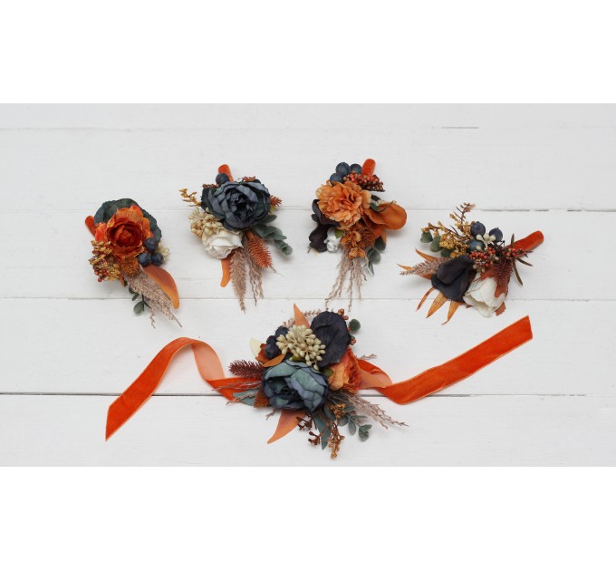 Wedding Boutonnieres & Wrist Corsage in Burnt Orange, Ivory & Navy Blue | Faux Flower Accessories