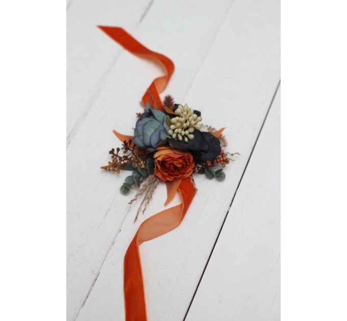 Wedding Boutonnieres & Wrist Corsage in Burnt Orange, Ivory & Navy Blue | Faux Flower Accessories