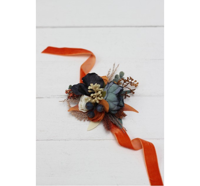Wedding Boutonnieres & Wrist Corsage in Burnt Orange, Ivory & Navy Blue | Faux Flower Accessories