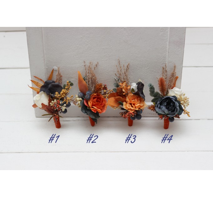 Wedding Boutonnieres & Wrist Corsage in Burnt Orange, Ivory & Navy Blue | Faux Flower Accessories