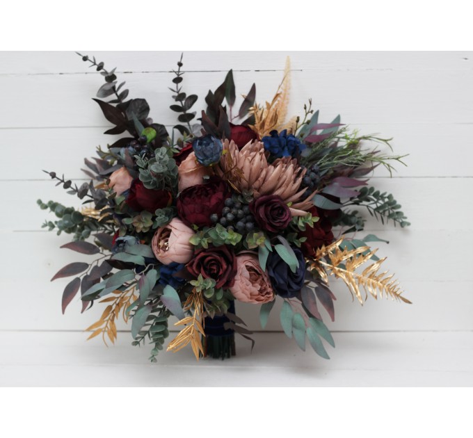 Wedding Bouquets in Burgundy, Navy Blue, Dusty Rose & Gold | Faux Bridal & Bridesmaid Bouquets