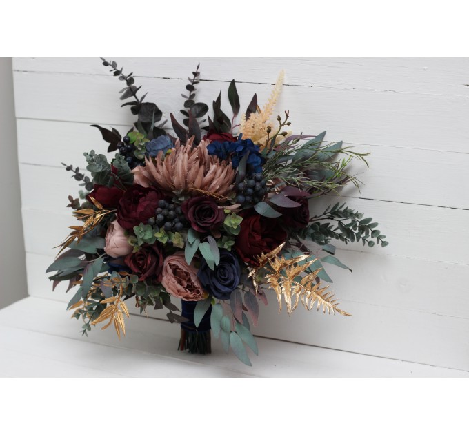Wedding Bouquets in Burgundy, Navy Blue, Dusty Rose & Gold | Faux Bridal & Bridesmaid Bouquets