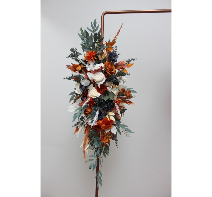 Flower Arch Arrangement in Burnt Orange, Ivory & Navy Blue | Faux Floral Archway for Wedding