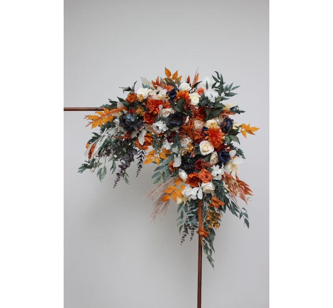 Flower Arch Arrangement in Burnt Orange, Ivory & Navy Blue | Faux Floral Archway for Wedding