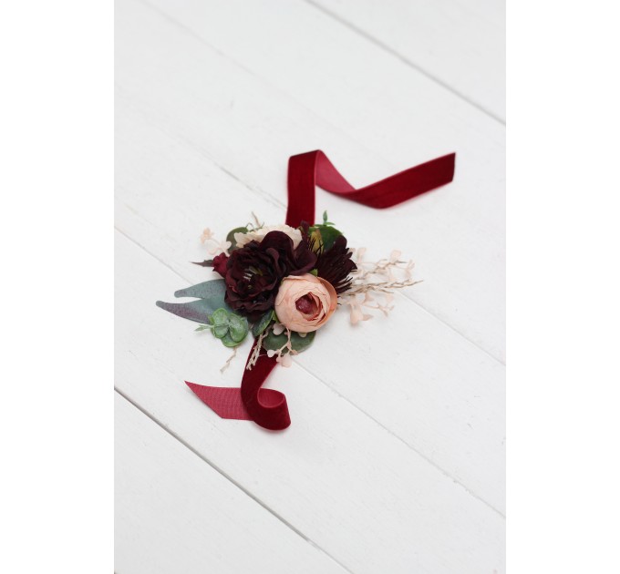 Wedding Boutonnieres & Wrist Corsage in Burgundy, Dusty Rose & Peach | Faux Flower Accessories