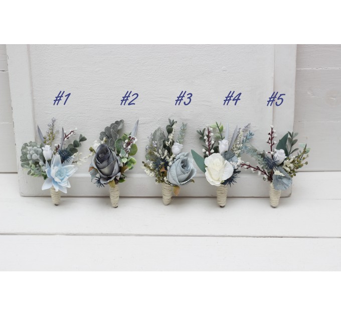 Wedding Boutonnieres & Wrist Corsage in Dusty Blue & White | Faux Flower Accessories