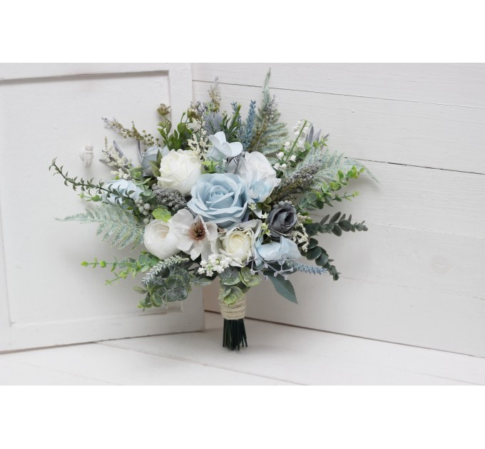 Wedding Bouquets in Dusty Blue & White | Faux Bridal & Bridesmaid Bouquets