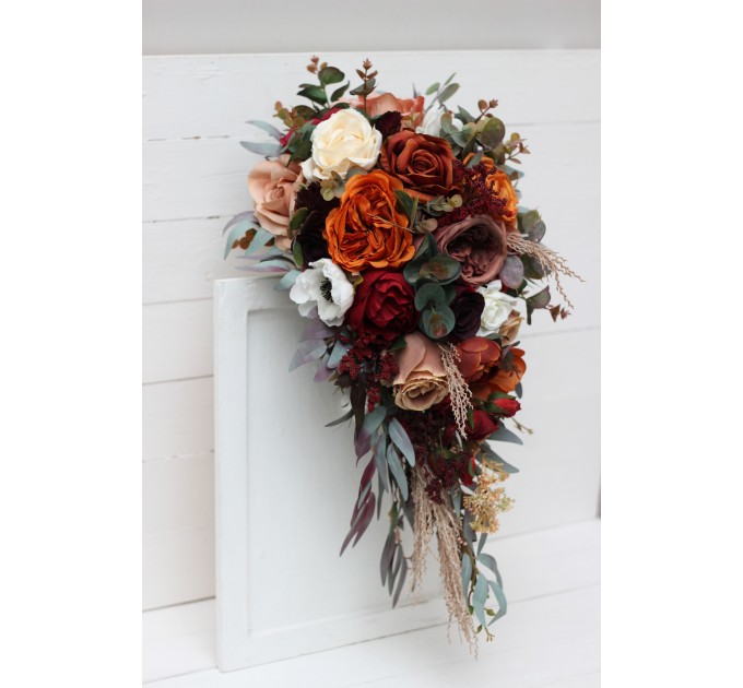 Burgundy, Rust, Ivory & Cinnamon Wedding Bouquets | Cascading Bridal & Bridesmaid Bouquets