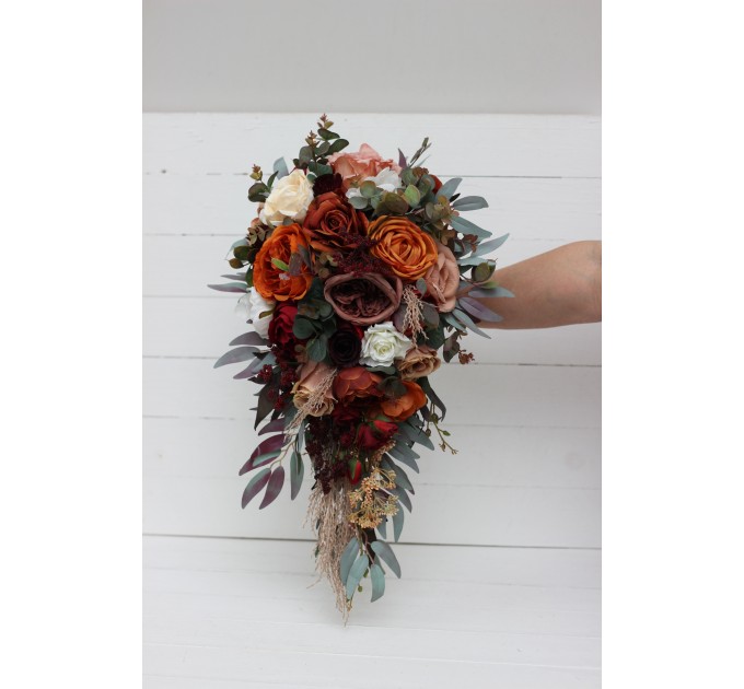 Burgundy, Rust, Ivory & Cinnamon Wedding Bouquets | Cascading Bridal & Bridesmaid Bouquets