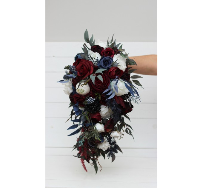 Wedding bouquet in burgundy white navy blue colors. Bridal bouquet. Cascading bouquet. Faux bouquet. Bridesmaid bouquet. 5051