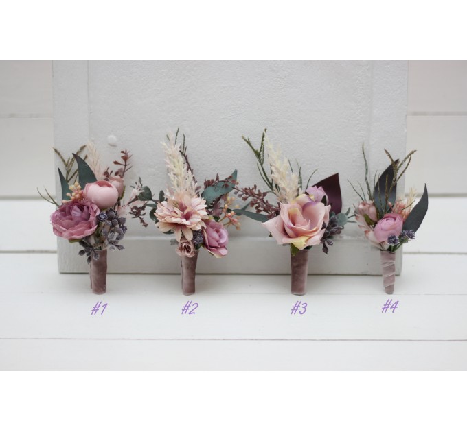 Wedding Boutonnieres & Wrist Corsage in Mauve & Blush Pink | Faux Flower Accessories