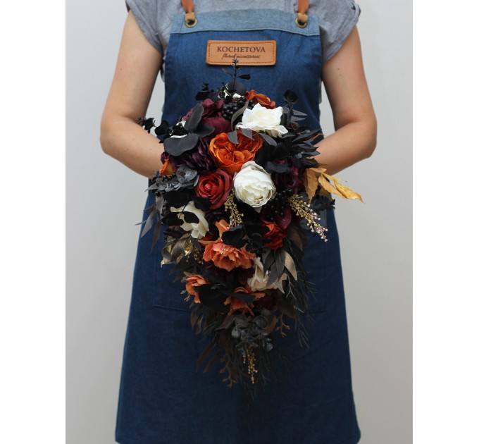 Purple, Black, Rust, and Gold Halloween Wedding Bouquets – Bridal and Cascading Faux Designs